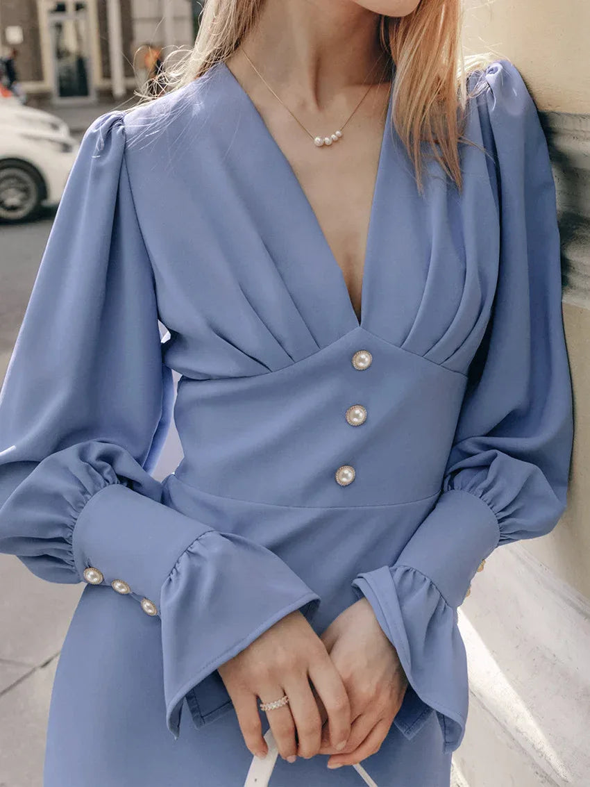 French-style lantern sleeve midi dress