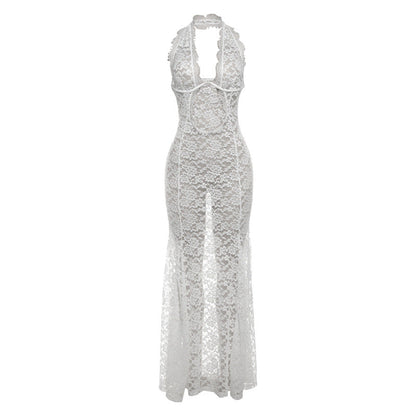 Elegant Lace Hollow Out Cutout out Halter Maxi Dress Backless Solid Color Dress