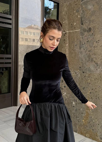 Turtleneck Long Sleeve Velvet Top and Gathered Taffeta Midi Skirt Set