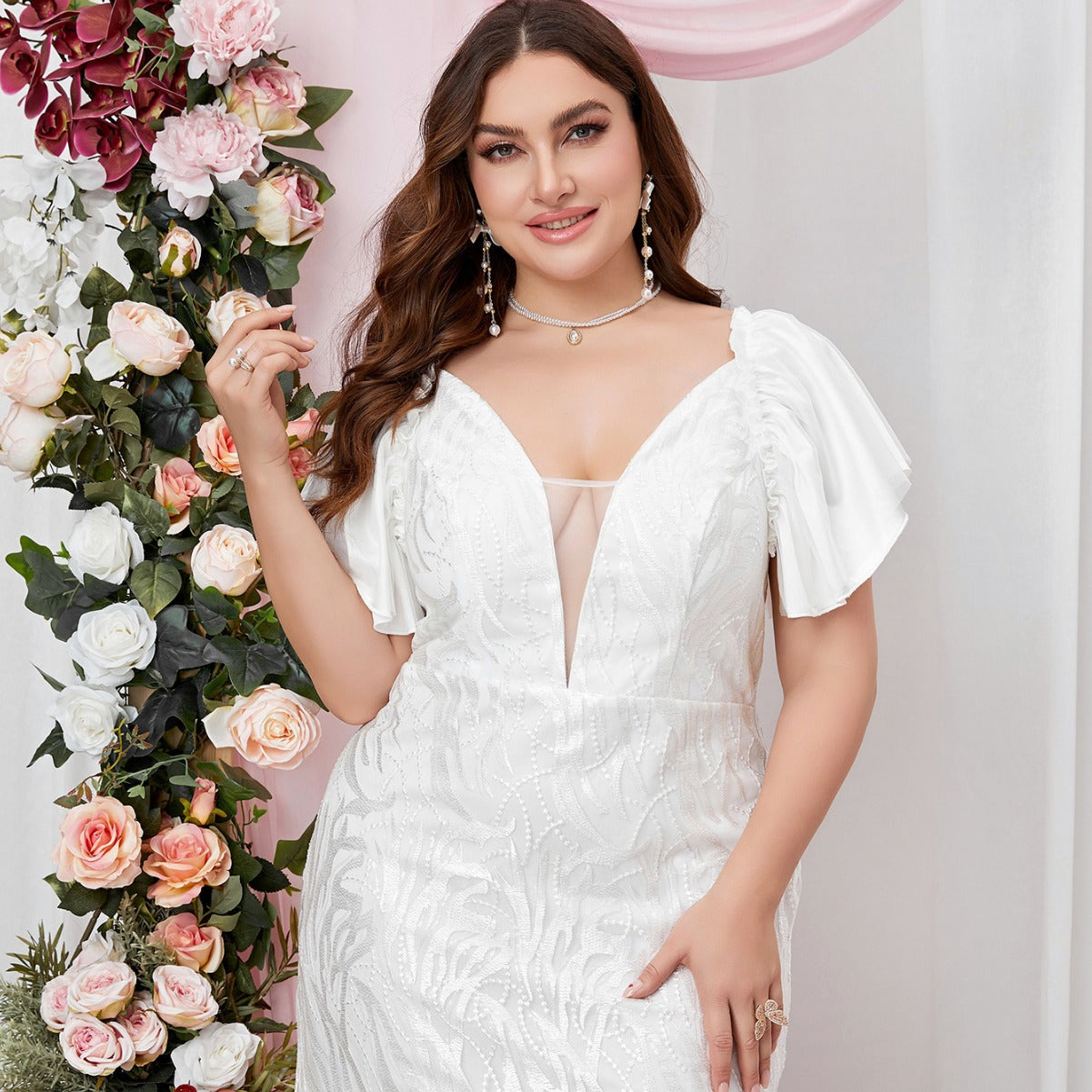 Plus Size Hip V neck Mesh Lace up Backless Design Ruffle Sleeve Niche High End Short Dress