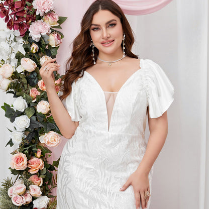 Plus Size Hip V neck Mesh Lace up Backless Design Ruffle Sleeve Niche High End Short Dress