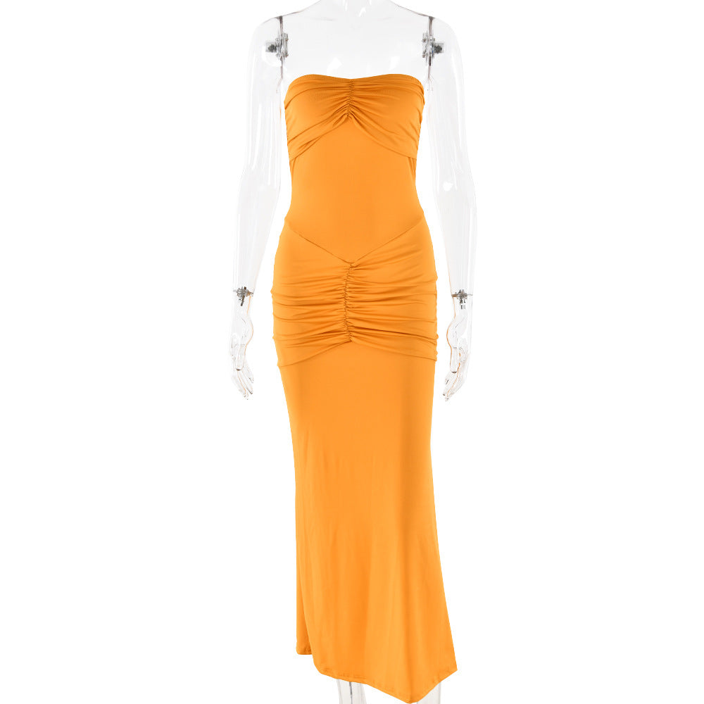 Strapless Ruched Front Bodycon Column Maxi Dress