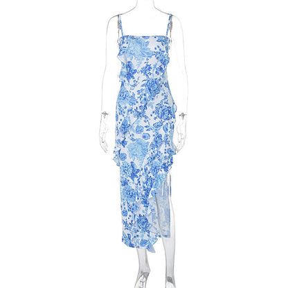 Off The Shoulder Floral Flounce Patchwork Slit Sling Dress
