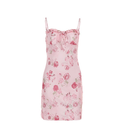 Rose Print Suspenders Casual Dress