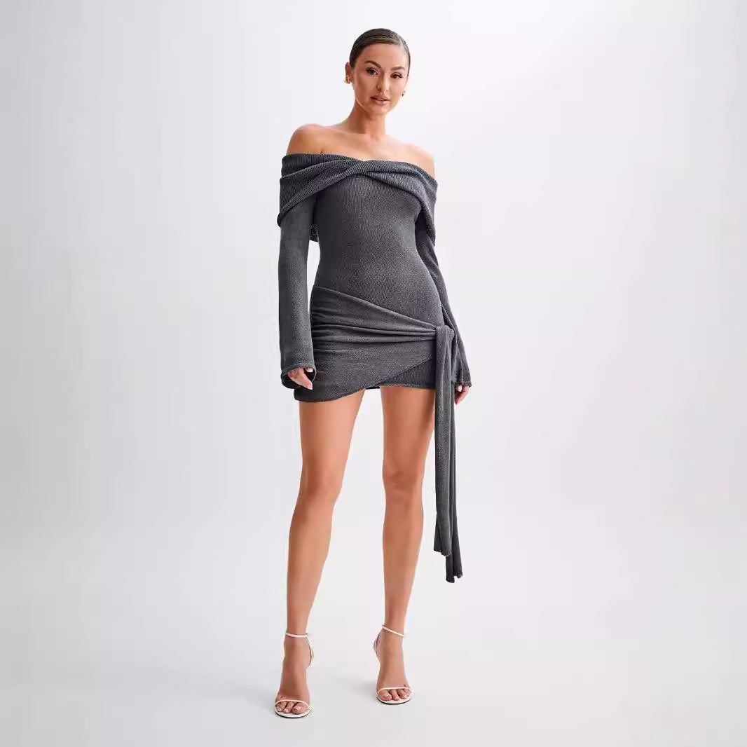 Off Shoulder Twist Front Long Sleeve Side Knot Tie Bodycon Mini Dress