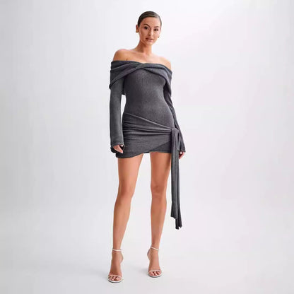 Off Shoulder Twist Front Long Sleeve Side Knot Tie Bodycon Mini Dress