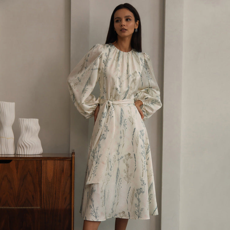 Loose Dress Puff Sleeve GracefulPrinted A line Dress
