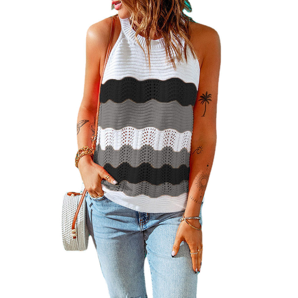 Women's Sleeveless Knit Top – Colorful Wave Pattern Casual Summer Tank