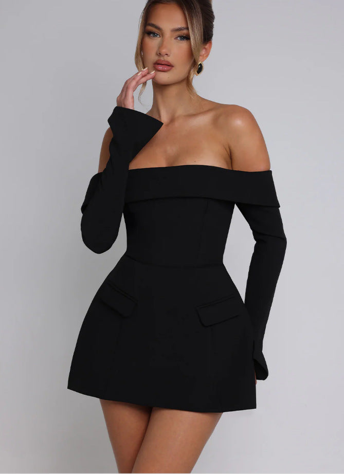 Off Shoulder Foldover Collar Long Sleeve Pocket Flap Structured Fit and Flare Mini Dress