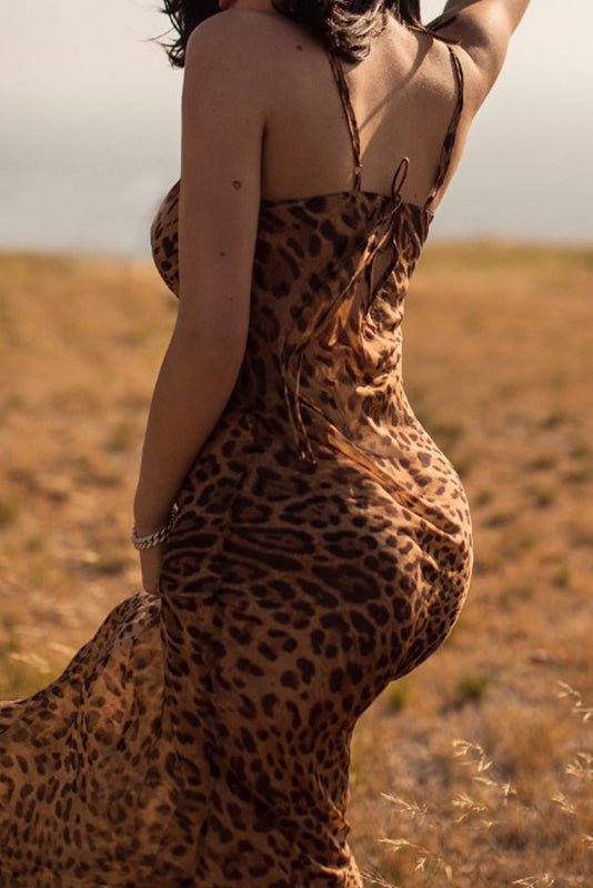 Print Cowl Neck Spaghetti Strap Bias Cut Slip Maxi Dress