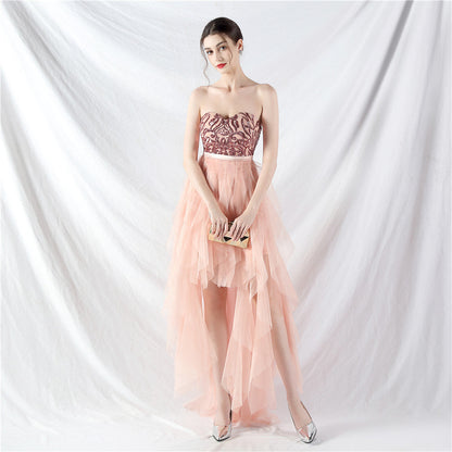 Positioning Floral Sequin Stitching Mesh Tube Top Dress