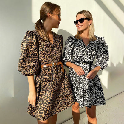 Peter Pan Collar Leopard PrintElegant Dress Half Sleeve A line Dress