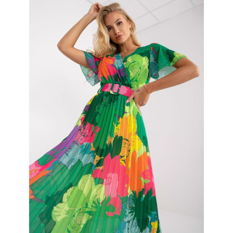 Tropical Floral Print Wrap V-Neck Flutter Sleeve Accordion Pleated Midi Dress