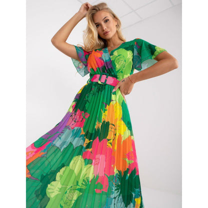 Tropical Floral Print Wrap V-Neck Flutter Sleeve Accordion Pleated Midi Dress