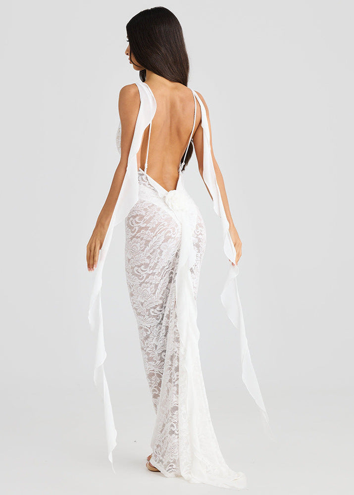Lace Spaghetti Strap Scalloped Neck Streamer Panel Backless Maxi Dress