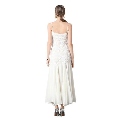 Spaghetti Strap 3D Lace Rosette Pleated Skirt Maxi Gown
