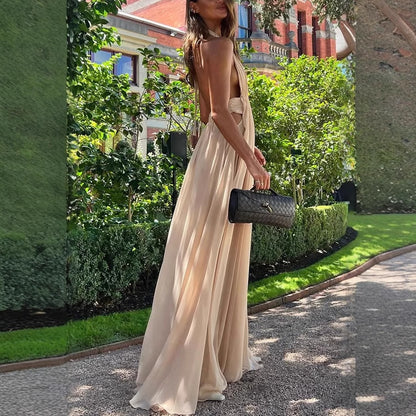 Ethereal Moment Tulle Cutout Ruched Waist Backless Halter Maxi Dress