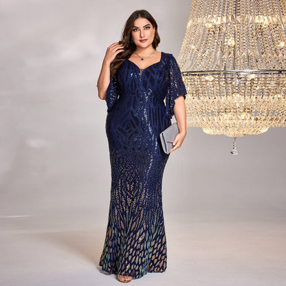 plus Size Long Sleeve Deep V Plunge Slim Fishtail plus Size Evening Dress Cocktail Party