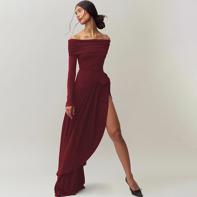 off Shoulder Hollow Out Cutout Solid Color Bow Long Sleeve Split