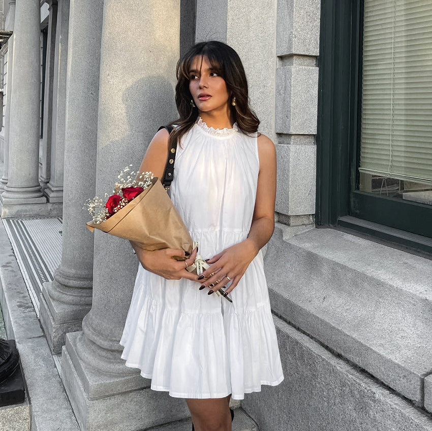 Round Neck Bow Lace Up Tiered Ruffle Sleeveless Mini Dress