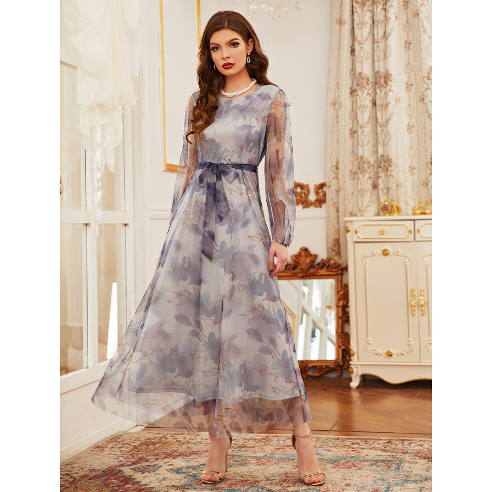 Print round Neck Lace Long Sweet Dress