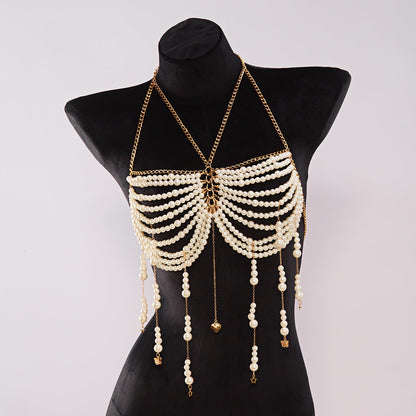 Pearl Beaded Tassel Halter Body Chain