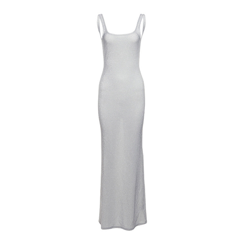 Fall off Neck Solid Color Sequ Sling Slim Hip Dress