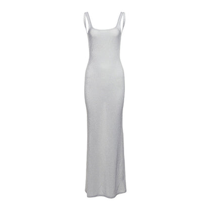 Fall off Neck Solid Color Sequ Sling Slim Hip Dress