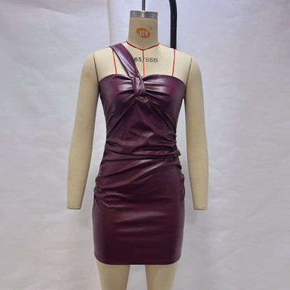 Oblique Shoulder Tube Top Cinched Waist Hip Bag Dress