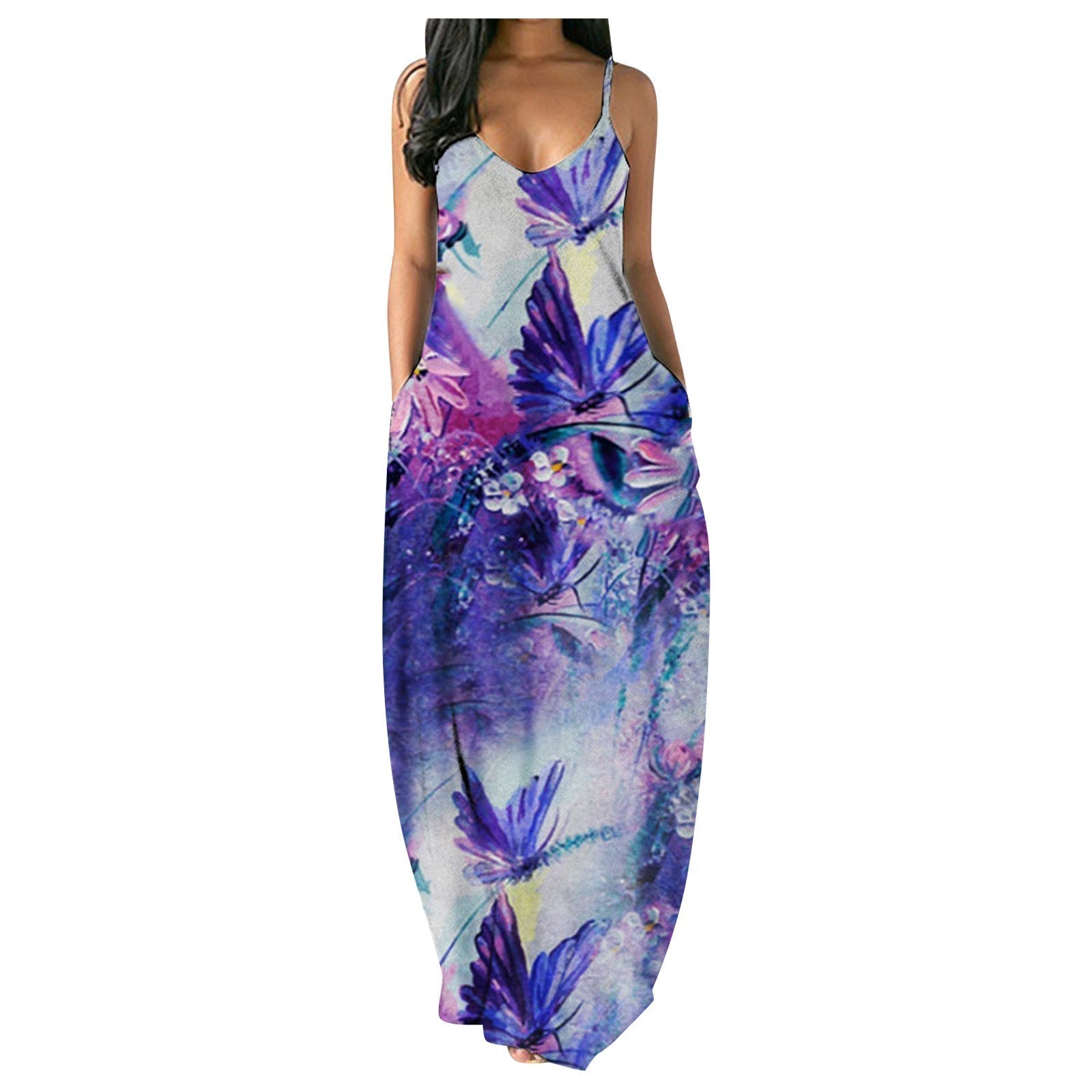 Butterfly Print Spaghetti Strap V-Neck Pocket Maxi Dress
