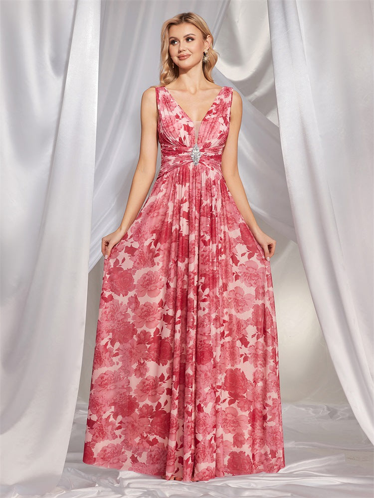 Chiffon V neck Pink Printed Dress Slim Fit Maxi Dress Cocktail Evening Dress Bridesmaid Dress for