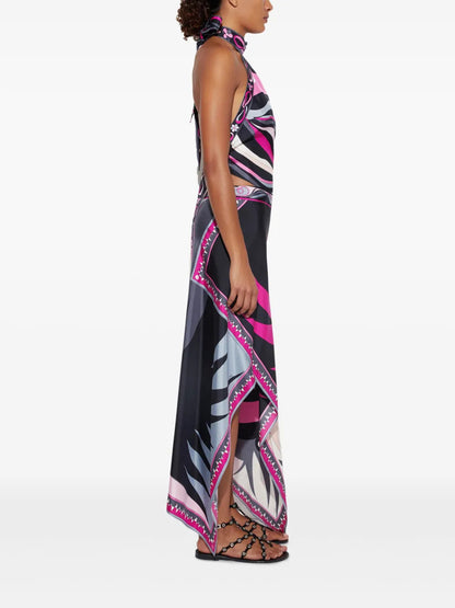 Satin Unique Print Halter Top and Irregular Midi Skirt Set