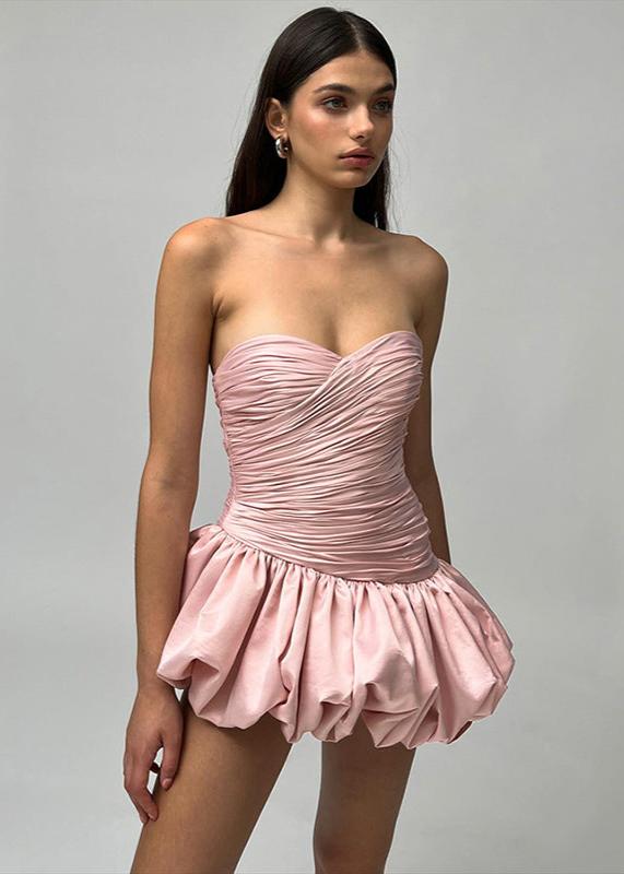 Strapless Sweetheart Ruched Bodice Bubble Hem Satin Mini Dress