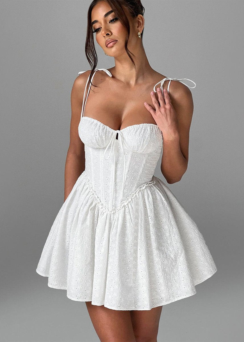 Eyelet Lace Corset Bustier Tie Strap Basque Waist Fit and Flare Mini Dress