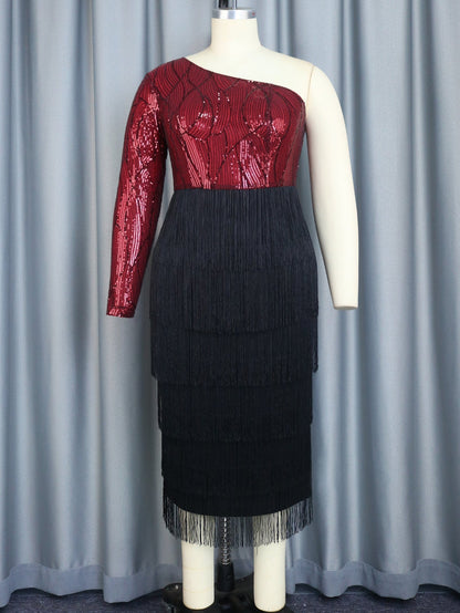 One Shoulder Sequined Dress Party Dinner Oblique Collar Tassel Dress
