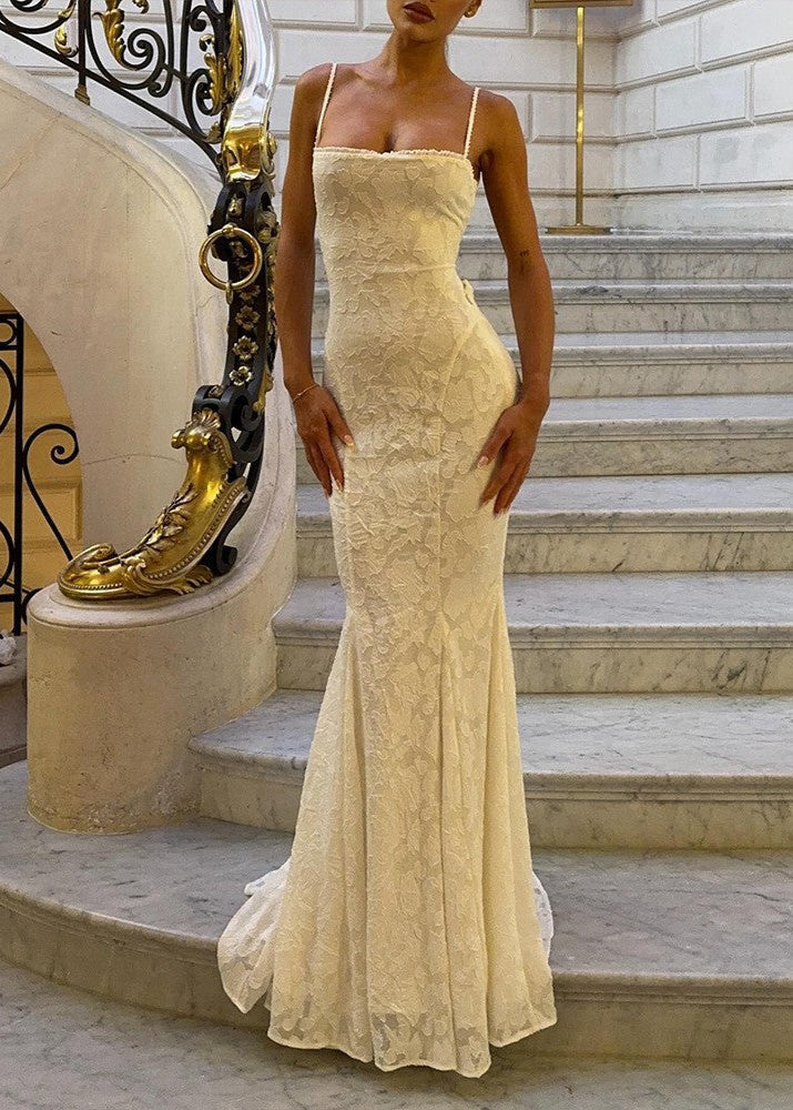Jacquard Lace Pattern Square Neck Spaghetti Strap Side Tie Trumpet Maxi Gown