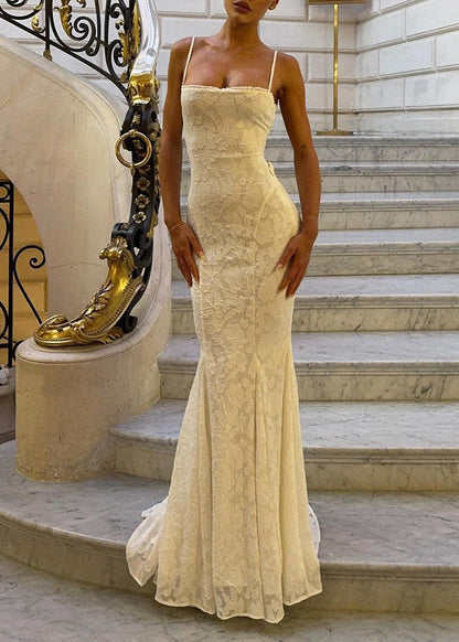 Jacquard Lace Pattern Square Neck Spaghetti Strap Side Tie Trumpet Maxi Gown