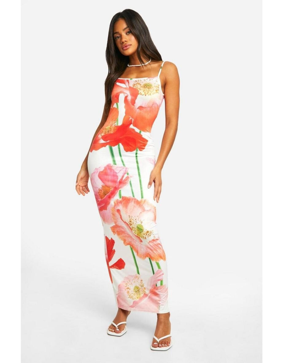 Floral Print Spaghetti Strap Square Neck Bodycon Maxi Dress