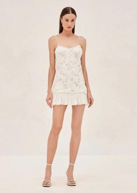 Spaghetti Strap 3D Floral Applique Chiffon Ruffle Hem Bodycon Mini Dress