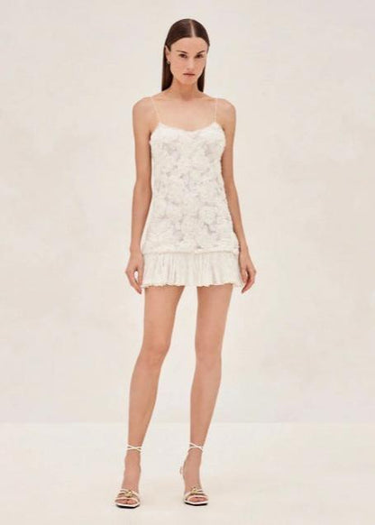 Spaghetti Strap 3D Floral Applique Chiffon Ruffle Hem Bodycon Mini Dress