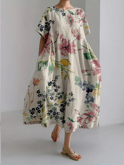 Blossom Print Crew Neck Gathered Waist Pocket Midi Dress