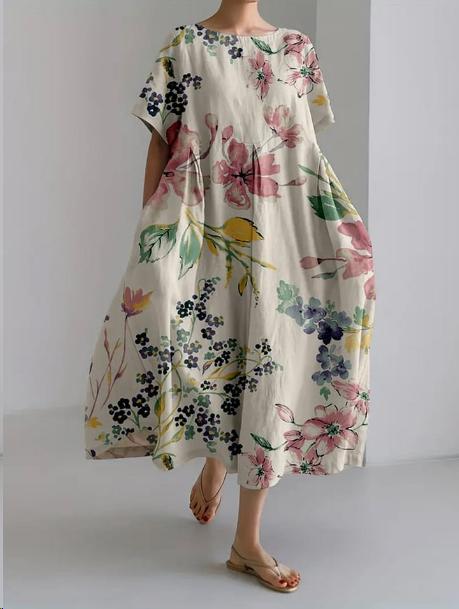 Watercolor Floral Print Tent Sleeve Loose Flowy Maxi Dress