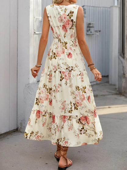 Boho floral drawstring waist maxi dress