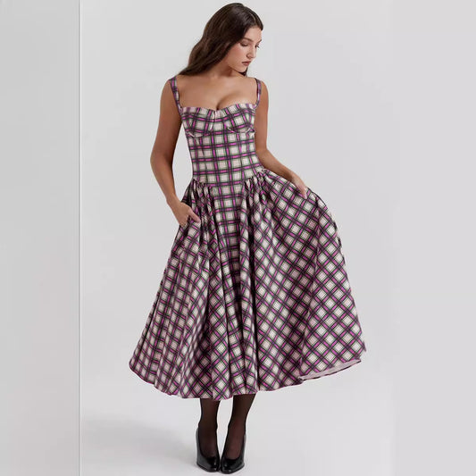 European Girl U Neck Plaid Sling Slim Waist Retro Big Swing