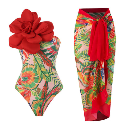 One Piece Swimsuit Skinny Slimming Big Floral Swimsuit Outfit Chiffon Dress