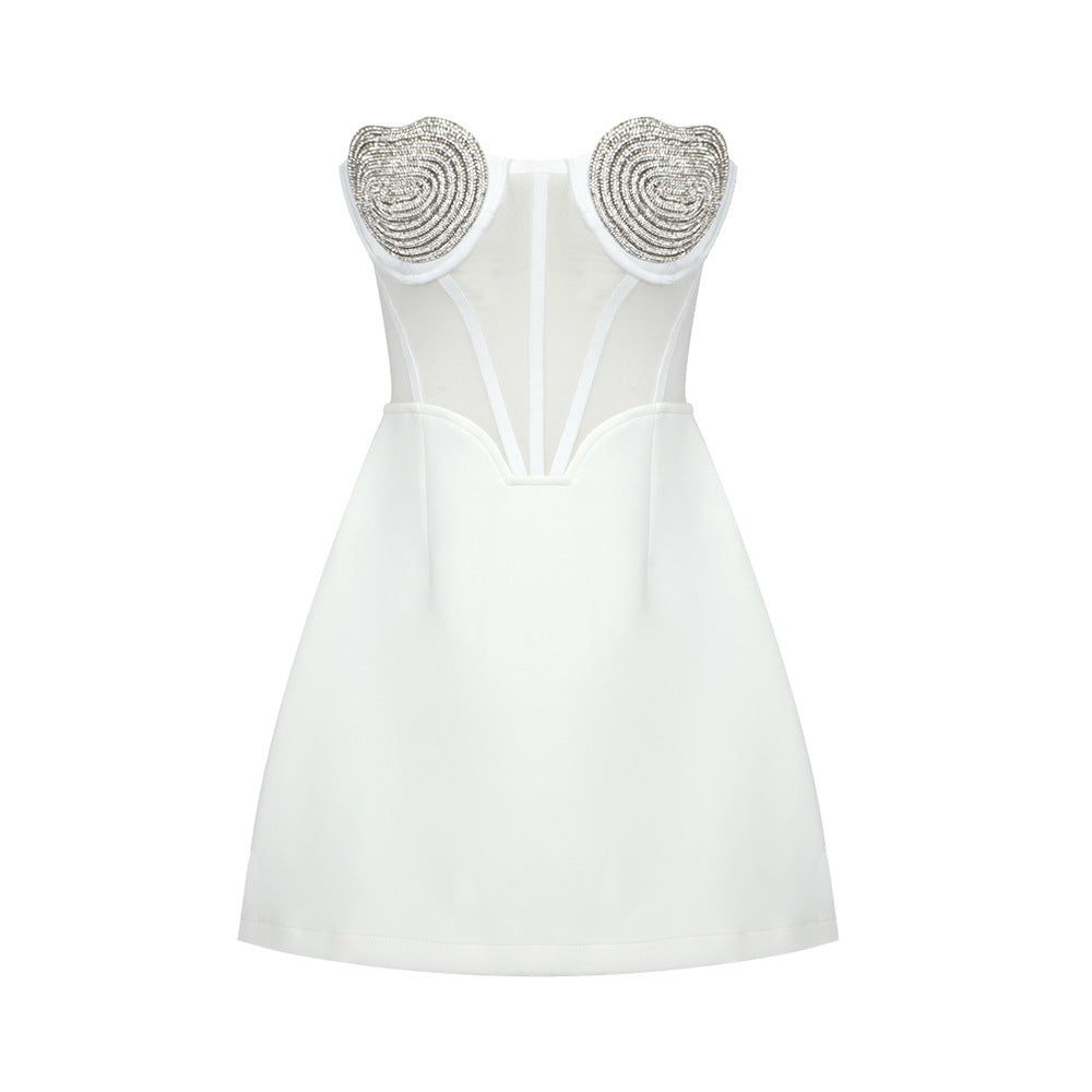 Peach Heart Drilling a Swing Strapless Dress Mesh See through Backless Dress