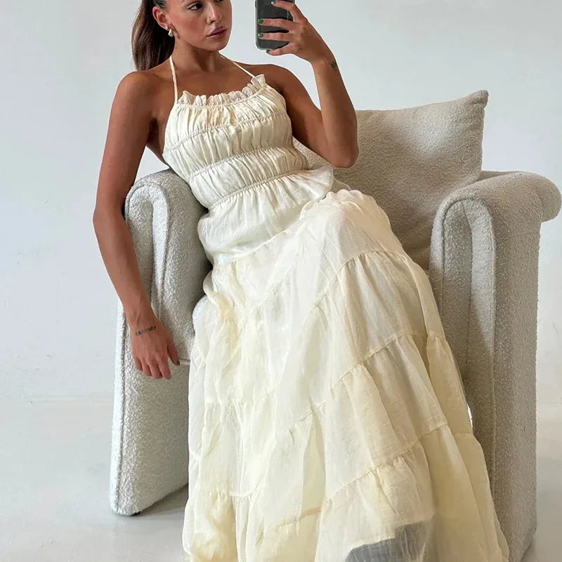 Ivory Tiered Backless Maxi Dress Summer Sundress