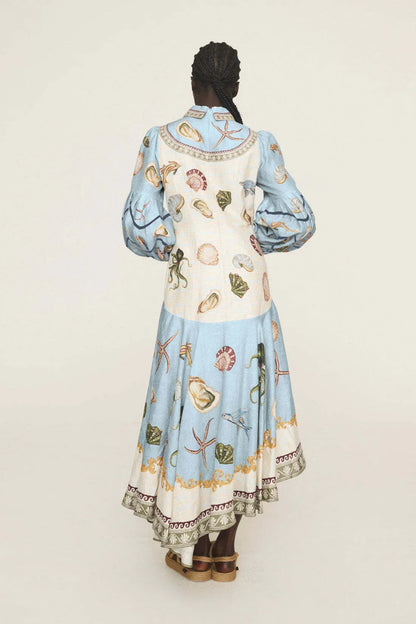 Sea print linen pan collar maxi dress