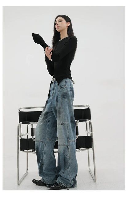 Vintage Distressed And Dirt-Dyed Patchwork Wide-Leg Jeans