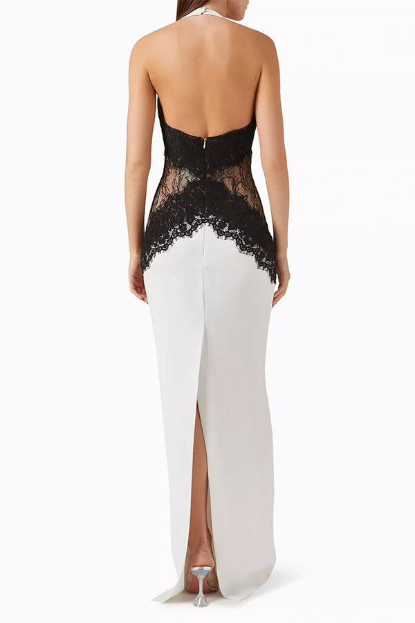 Sexy Halterneck Lace Paneled Backless Slim Maxi Dress